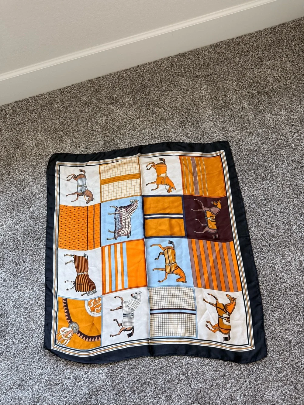 Silk-Feel Horse Print Scarf in Orange & Blue